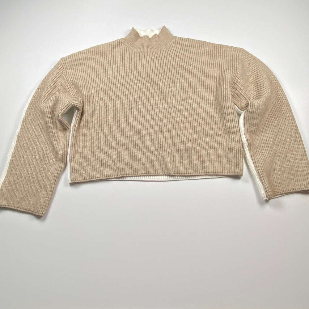 Buttermelon Womens Ribbed Knit Mock Neck Sweater Tan White Two Tone Crop Large